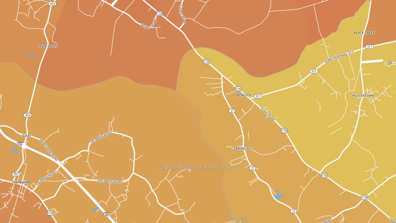 Map of the best neighborhoods in the Four Holes area, with better matches in green and worse matches in red