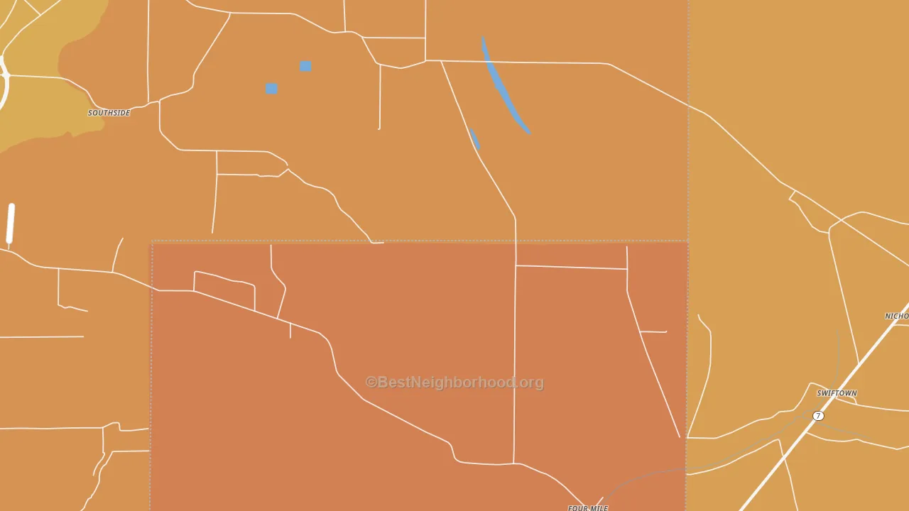 Map of the best neighborhoods in the Four Mile area, with better matches in green and worse matches in red