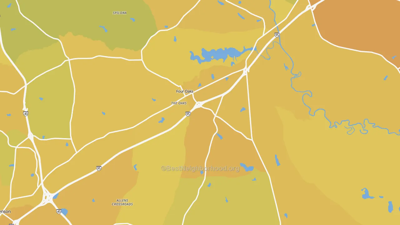 Map of the best neighborhoods in the Four Oaks area, with better matches in green and worse matches in red