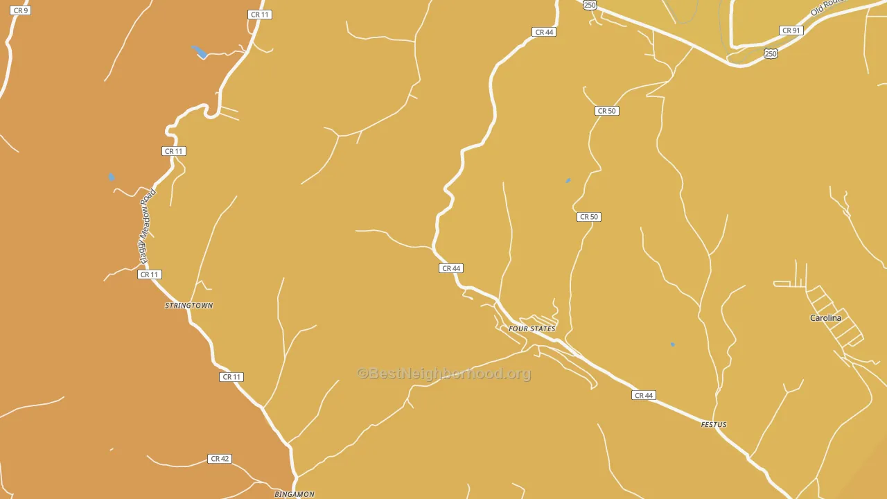 Map of the best neighborhoods in the Four States area, with better matches in green and worse matches in red
