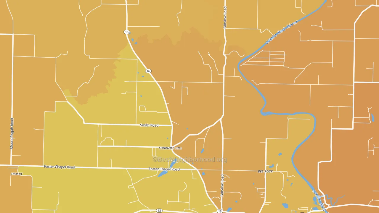 Map of the best neighborhoods in the Fourmile Hill area, with better matches in green and worse matches in red