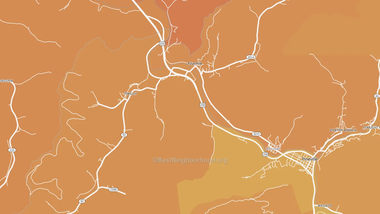 Map of the best neighborhoods in the Fourmile area, with better matches in green and worse matches in red
