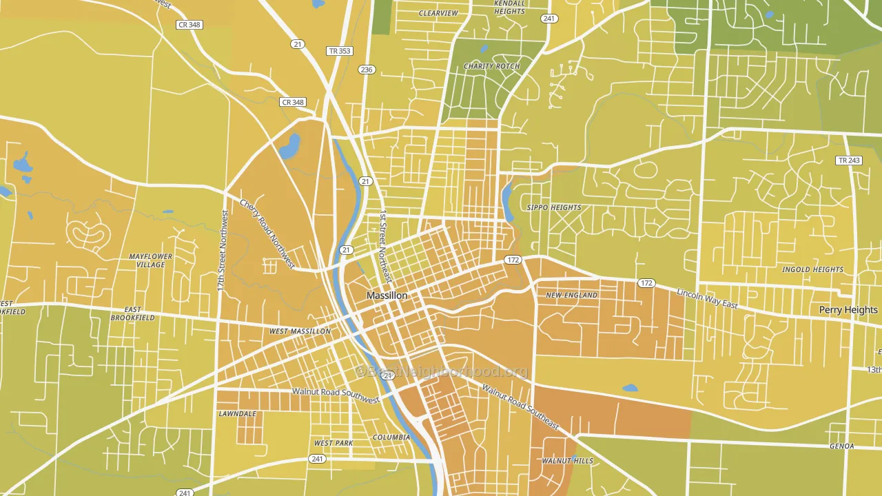 Map of the best neighborhoods in the Fourth Street Historic District, Massillon area, with better matches in green and worse matches in red