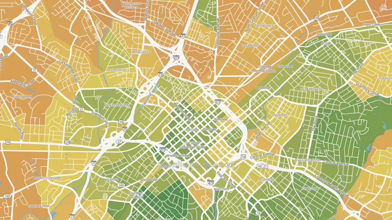 Map of the best neighborhoods in the Fourth Ward, Charlotte area, with better matches in green and worse matches in red