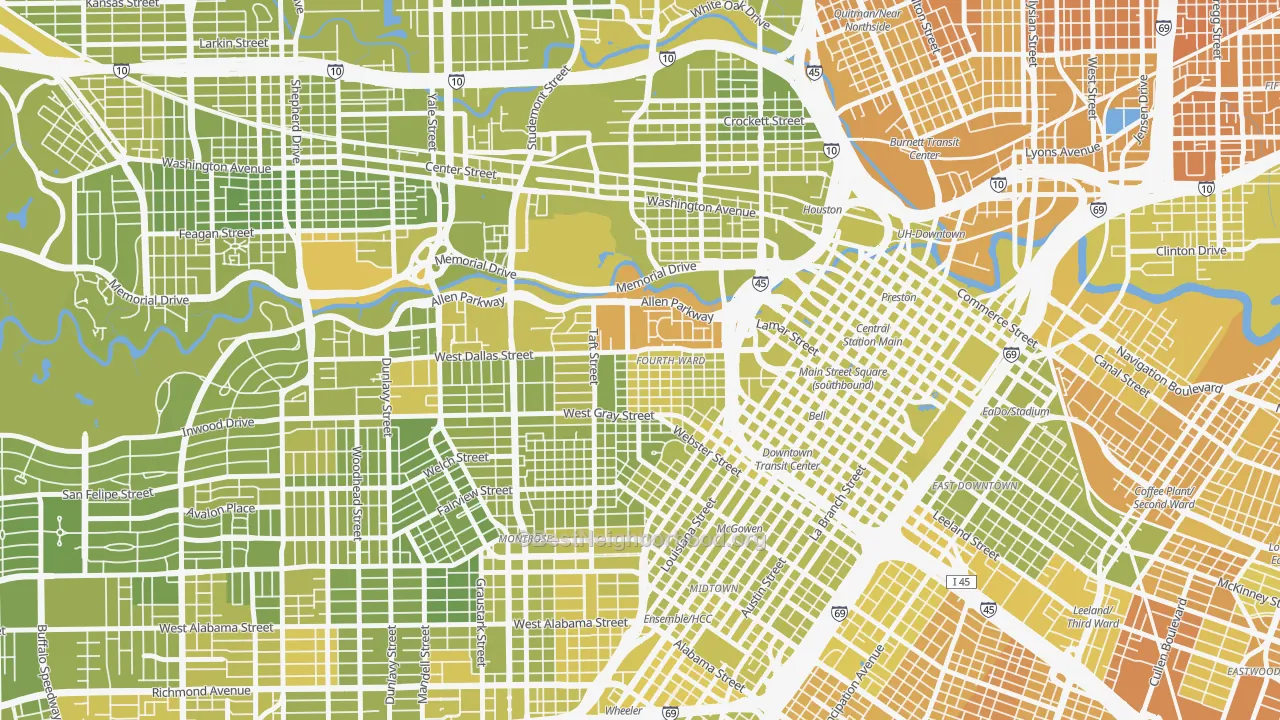 Map of the best neighborhoods in the Fourth Ward, Houston area, with better matches in green and worse matches in red