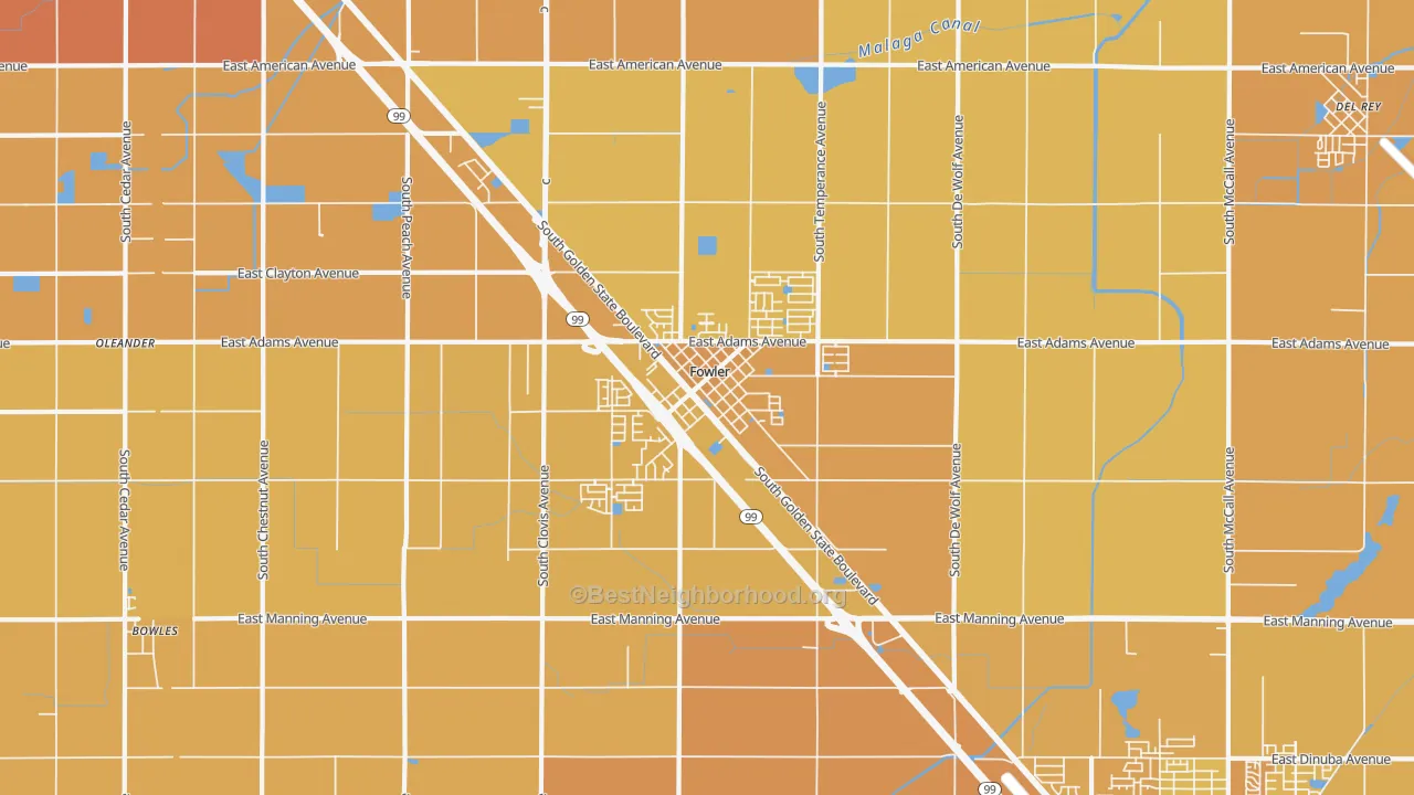 Map of the best neighborhoods in the Fowler area, with better matches in green and worse matches in red