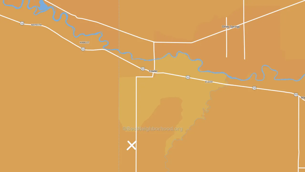 Map of the best neighborhoods in the Fowler area, with better matches in green and worse matches in red