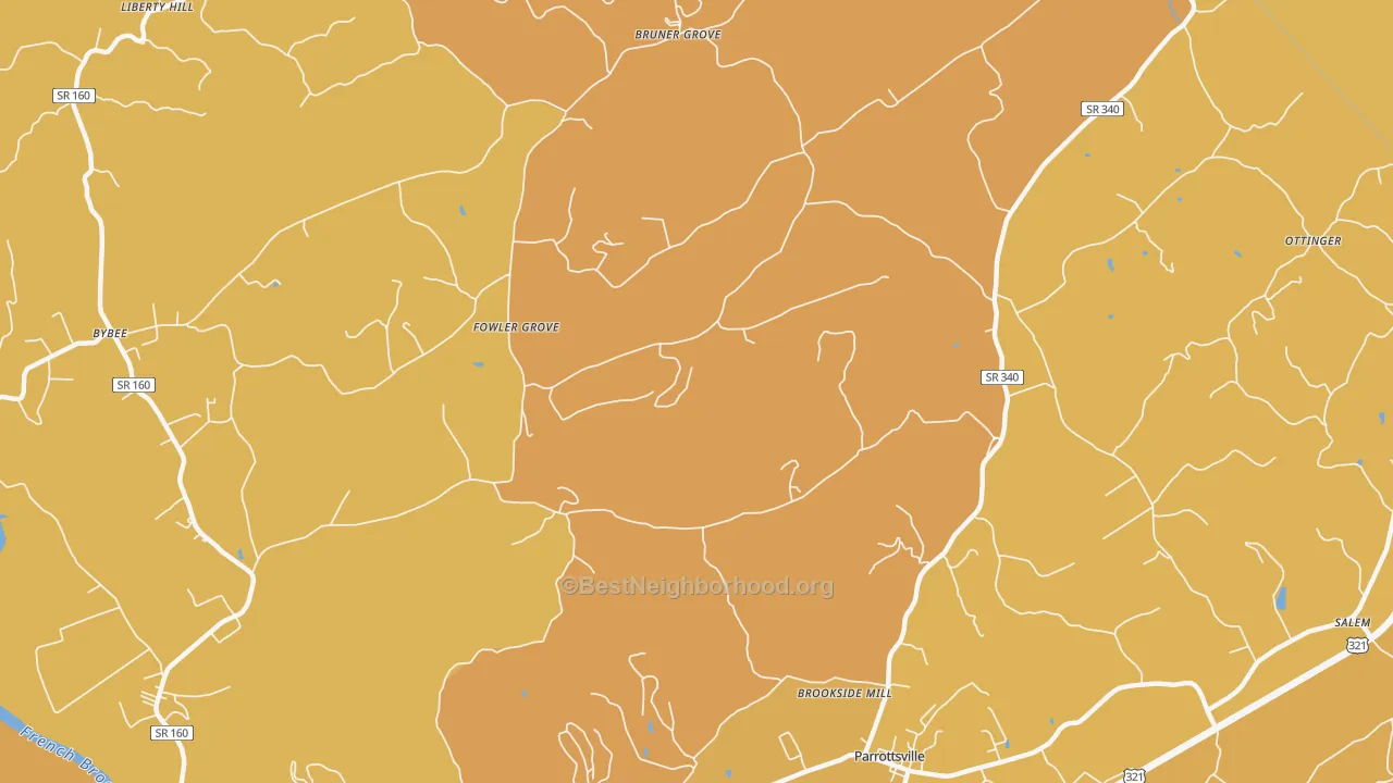 Map of the best neighborhoods in the Fowler Grove area, with better matches in green and worse matches in red