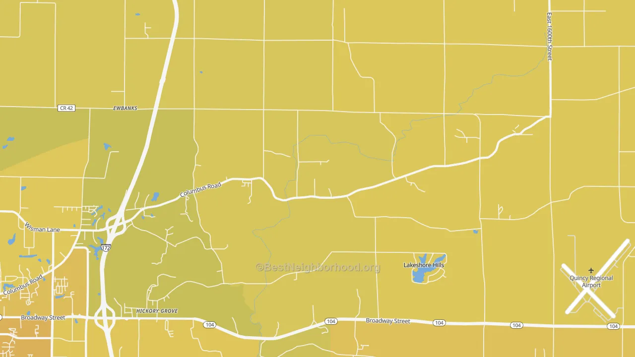 Map of the best neighborhoods in the Fowler area, with better matches in green and worse matches in red