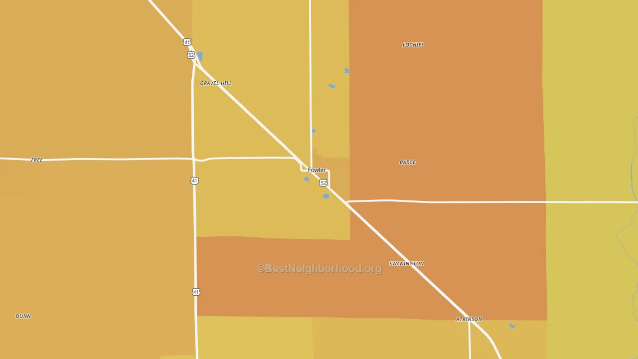 Map of the best neighborhoods in the Fowler area, with better matches in green and worse matches in red