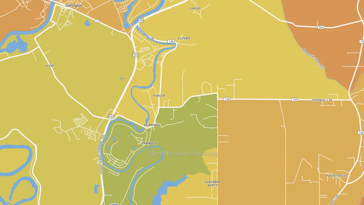 Map of the best neighborhoods in the Fowler area, with better matches in green and worse matches in red