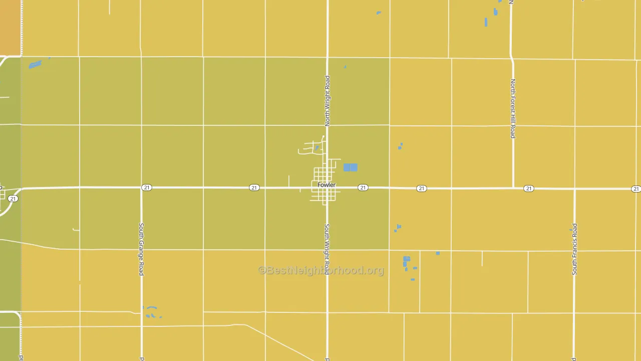 Map of the best neighborhoods in the Fowler area, with better matches in green and worse matches in red