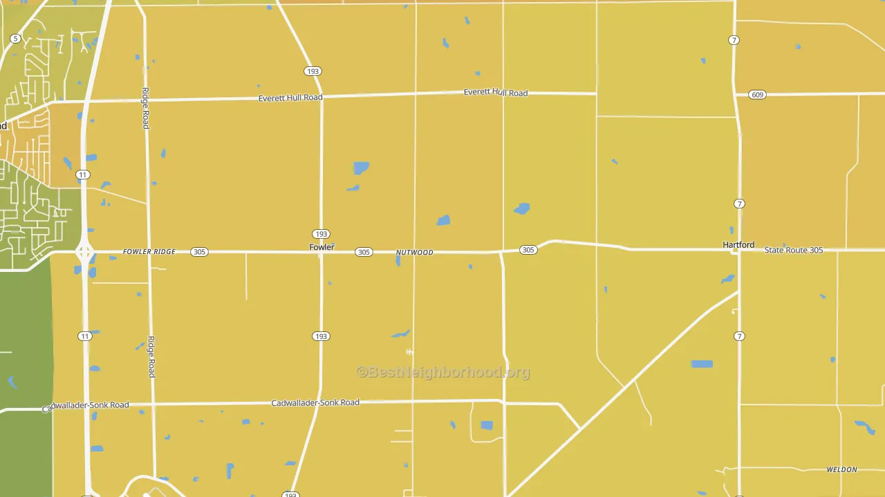 Map of the best neighborhoods in the Fowler area, with better matches in green and worse matches in red