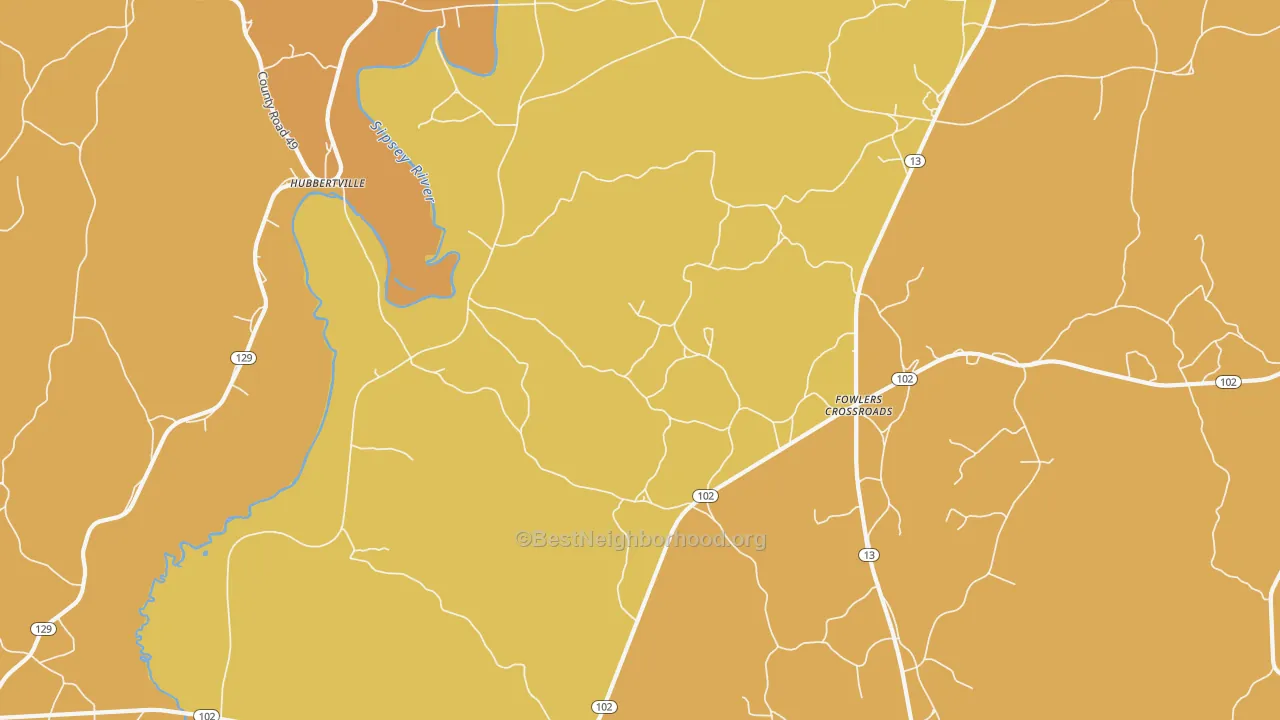 Map of the best neighborhoods in the Fowlers Crossroads area, with better matches in green and worse matches in red