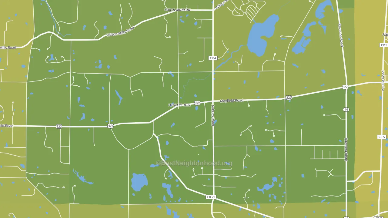 Map of the best neighborhoods in the Fowlers Mill area, with better matches in green and worse matches in red