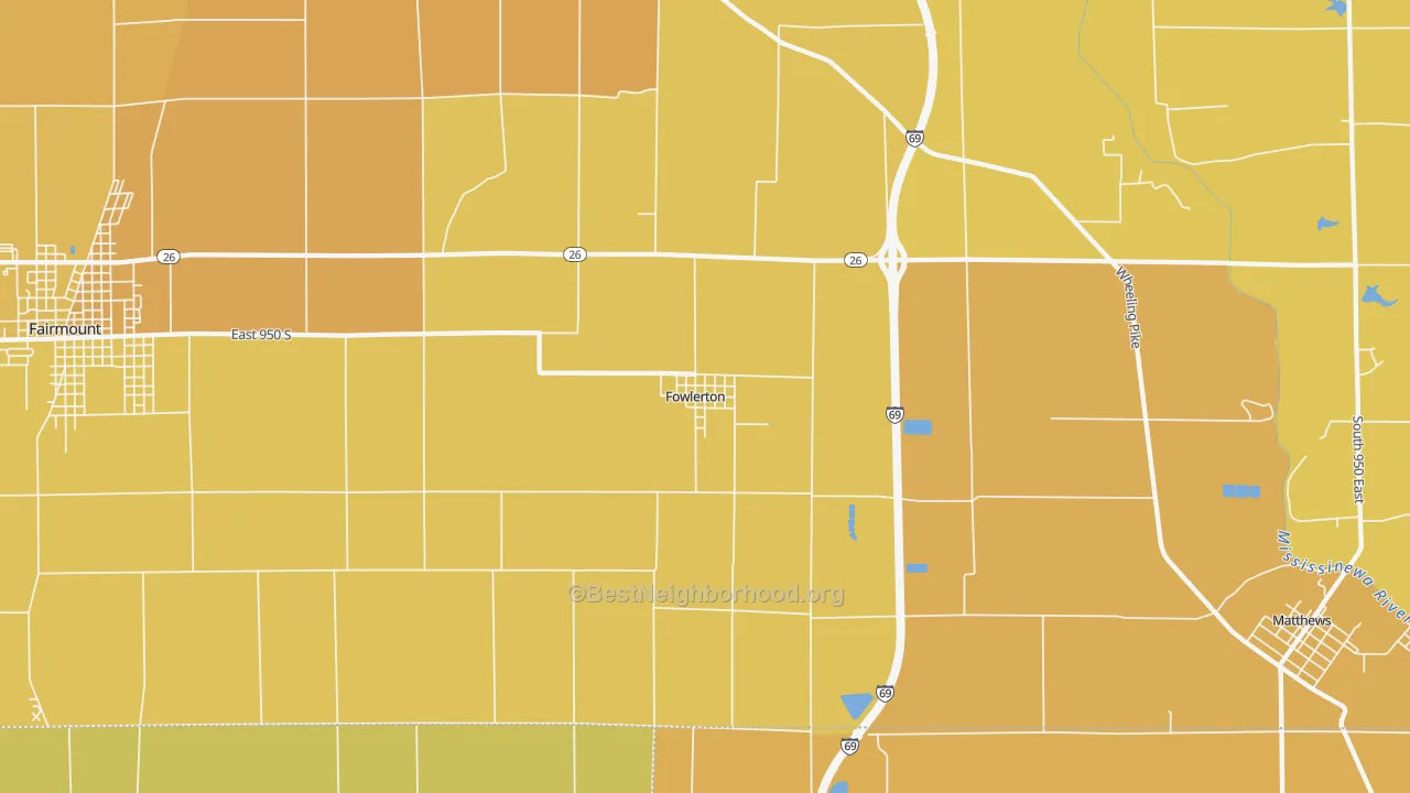 Map of the best neighborhoods in the Fowlerton area, with better matches in green and worse matches in red
