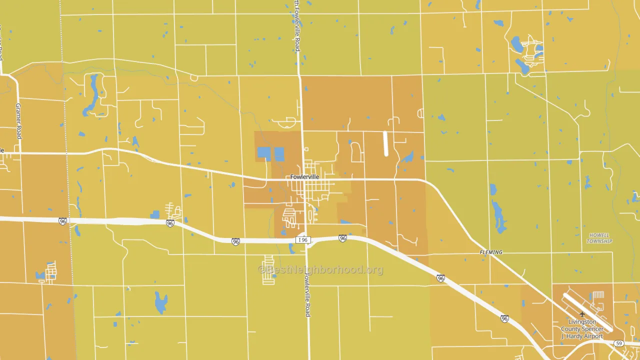 Map of the best neighborhoods in the Fowlerville area, with better matches in green and worse matches in red
