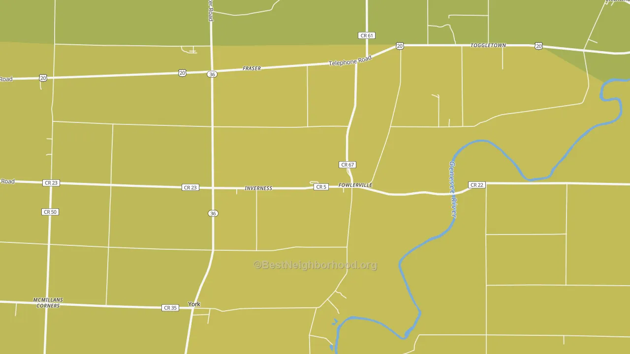 Map of the best neighborhoods in the Fowlerville area, with better matches in green and worse matches in red