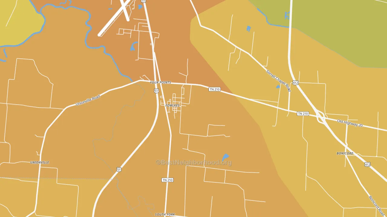 Map of the best neighborhoods in the Fowlkes area, with better matches in green and worse matches in red