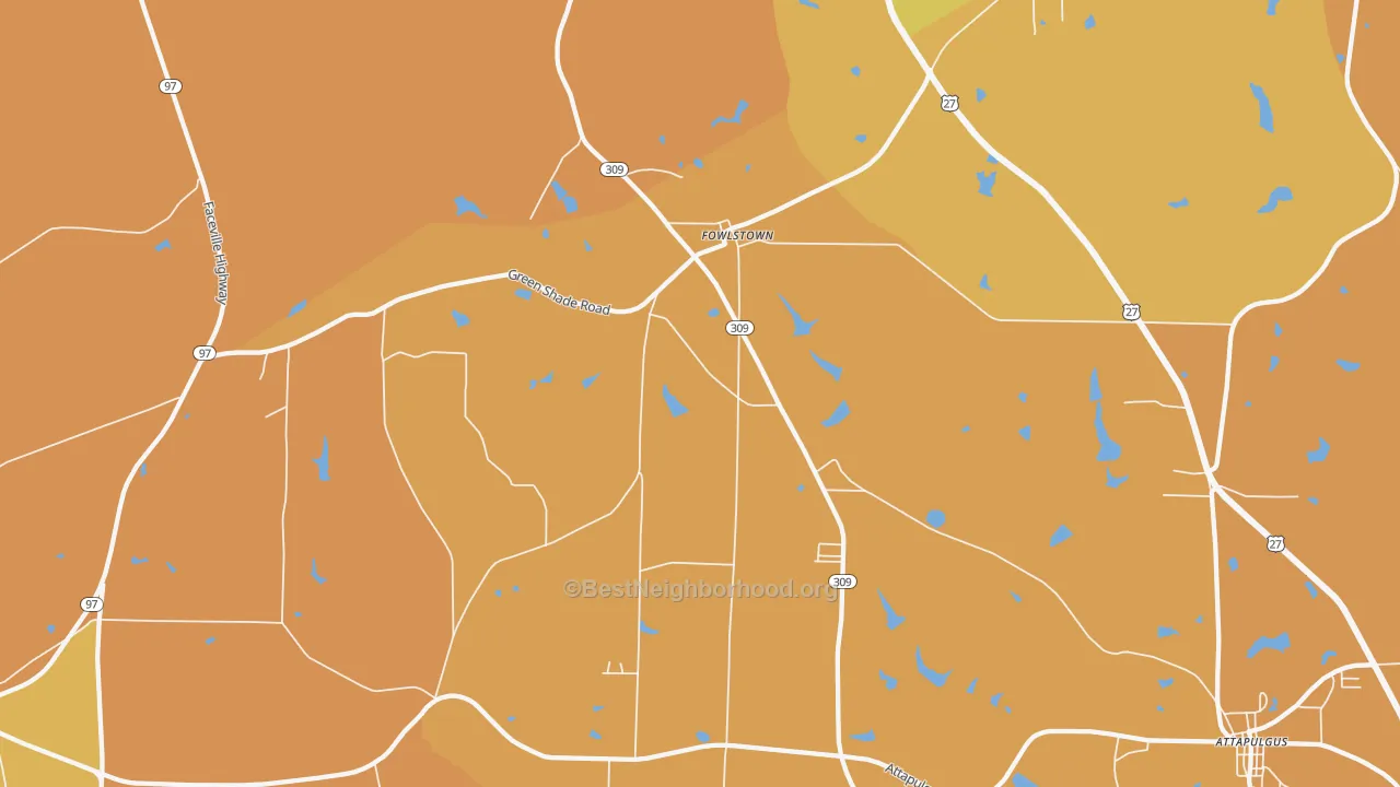 Map of the best neighborhoods in the Fowlstown area, with better matches in green and worse matches in red