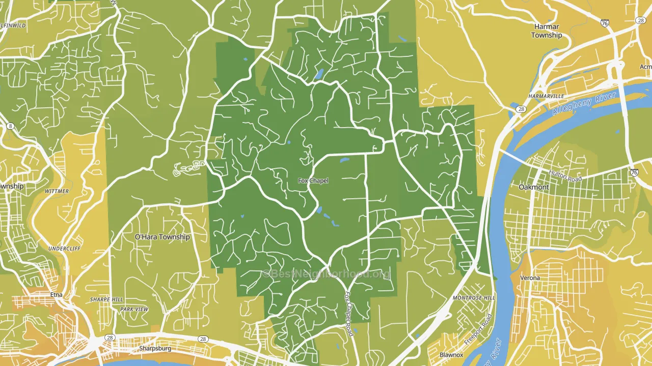 Map of the best neighborhoods in the Fox Chapel area, with better matches in green and worse matches in red