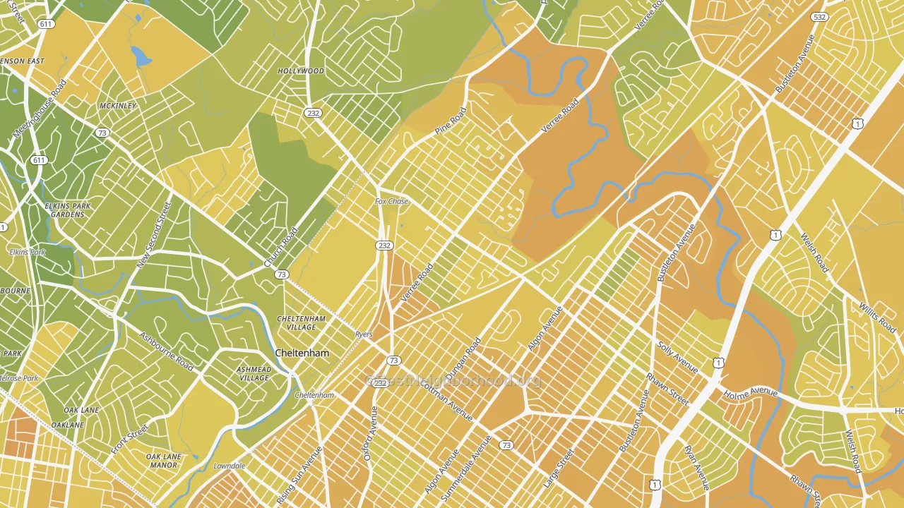 Map of the best neighborhoods in the Fox Chase-Burholme, Philadelphia area, with better matches in green and worse matches in red