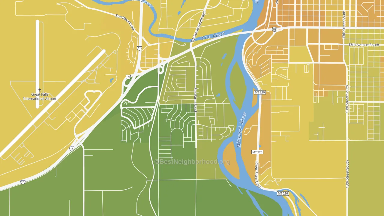 Map of the best neighborhoods in the Fox Farm, Great Falls area, with better matches in green and worse matches in red