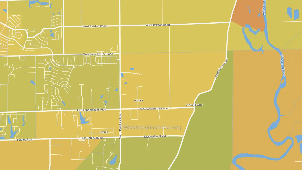 Map of the best neighborhoods in the Fox Hill area, with better matches in green and worse matches in red