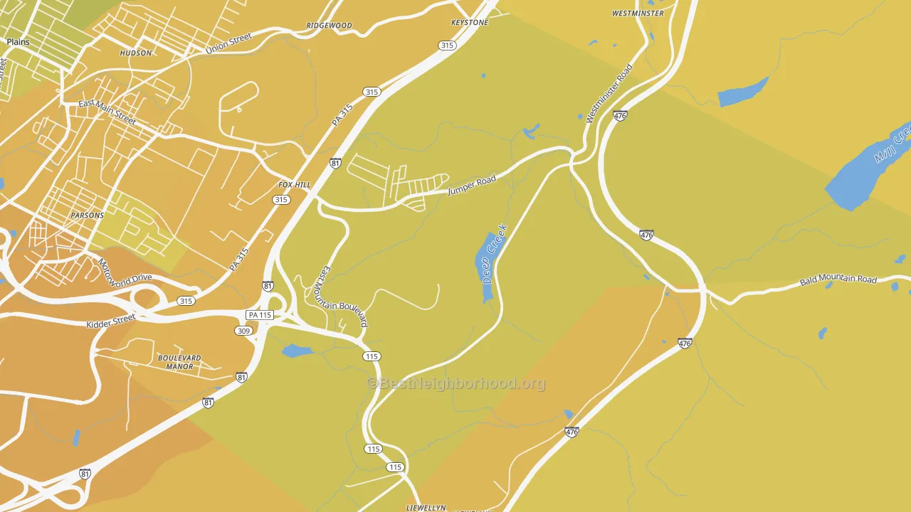 Map of the best neighborhoods in the Fox Hill area, with better matches in green and worse matches in red