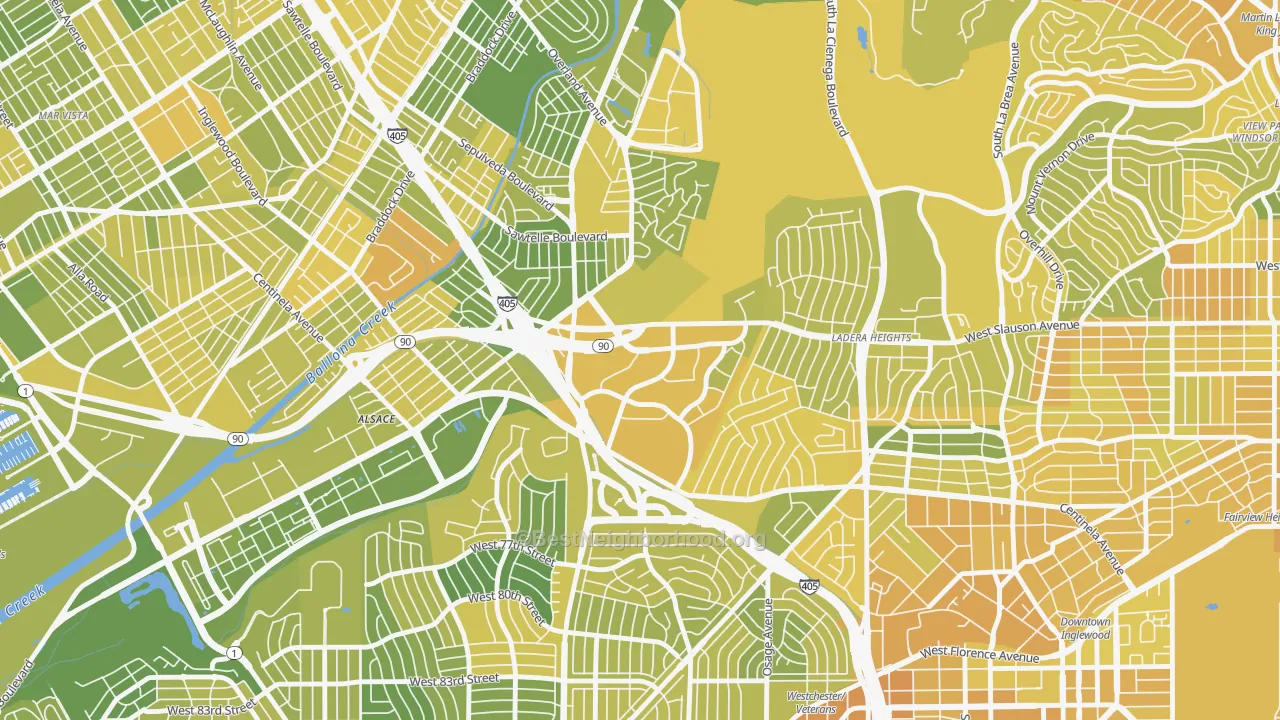 Map of the best neighborhoods in the Fox Hills, Culver City area, with better matches in green and worse matches in red