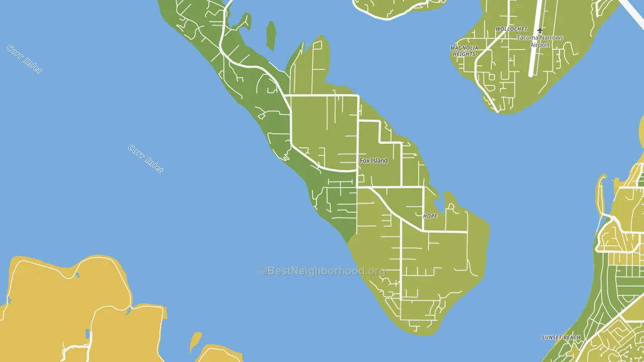 Map of the best neighborhoods in the Fox Island area, with better matches in green and worse matches in red
