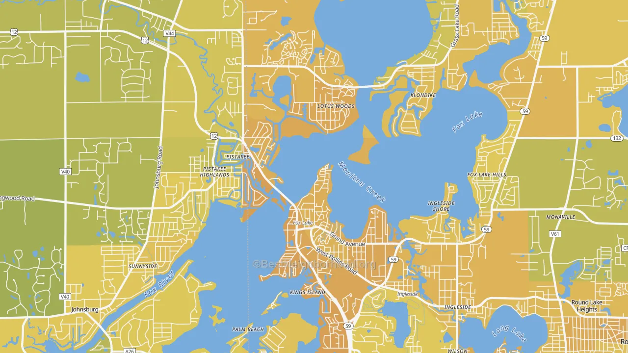 Map of the best neighborhoods in the Fox Lake area, with better matches in green and worse matches in red