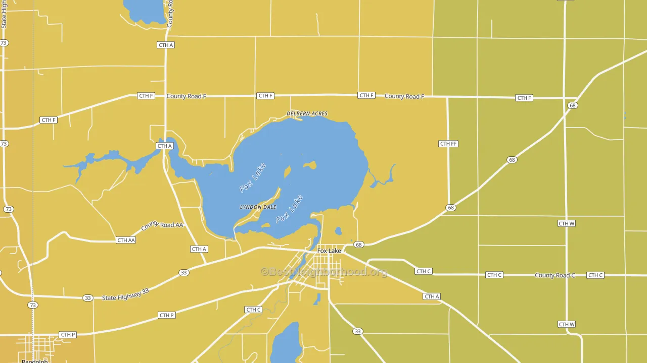 Map of the best neighborhoods in the Fox Lake area, with better matches in green and worse matches in red