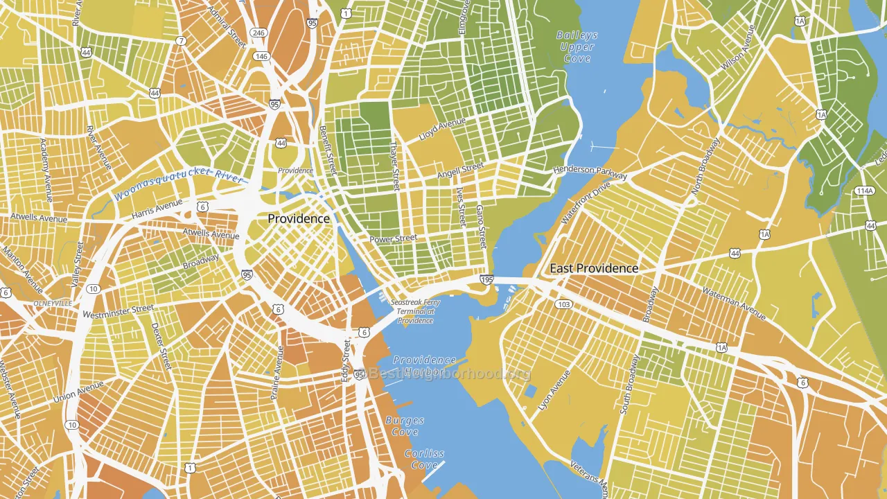 Map of the best neighborhoods in the Fox Point, Providence area, with better matches in green and worse matches in red