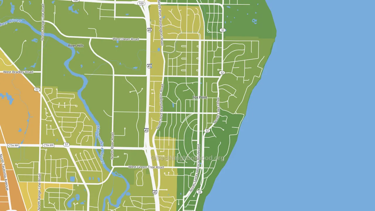 Map of the best neighborhoods in the Fox Point area, with better matches in green and worse matches in red