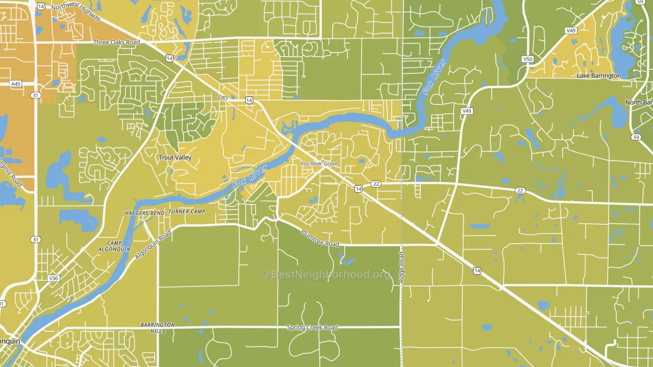 Map of the best neighborhoods in the Fox River Grove area, with better matches in green and worse matches in red