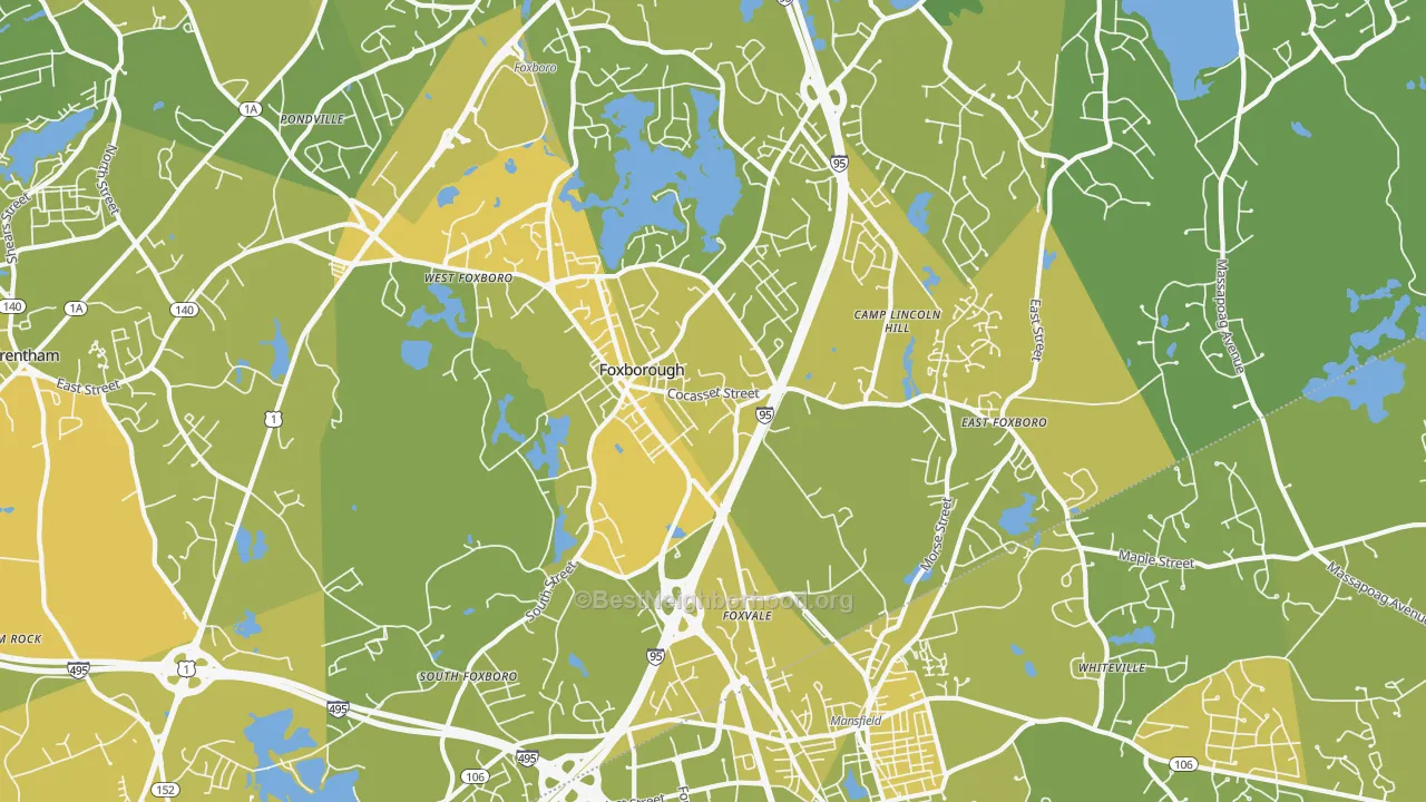 Map of the best neighborhoods in the Foxboro area, with better matches in green and worse matches in red