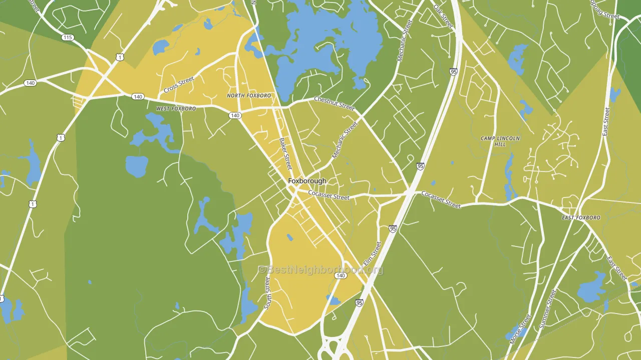 Map of the best neighborhoods in the Foxborough area, with better matches in green and worse matches in red