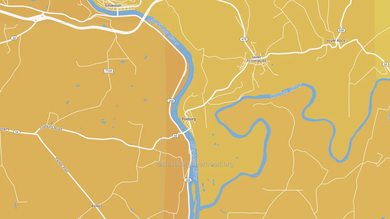 Map of the best neighborhoods in the Foxburg area, with better matches in green and worse matches in red