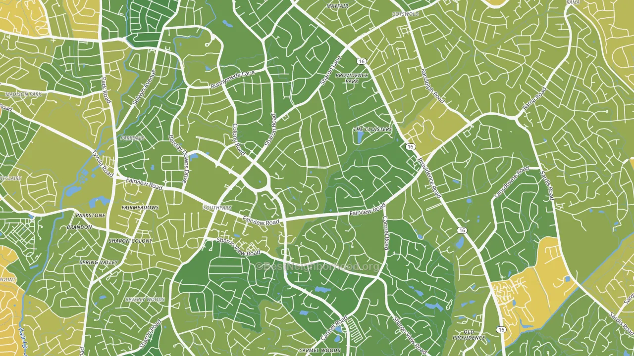 Map of the best neighborhoods in the Foxcroft, Charlotte area, with better matches in green and worse matches in red