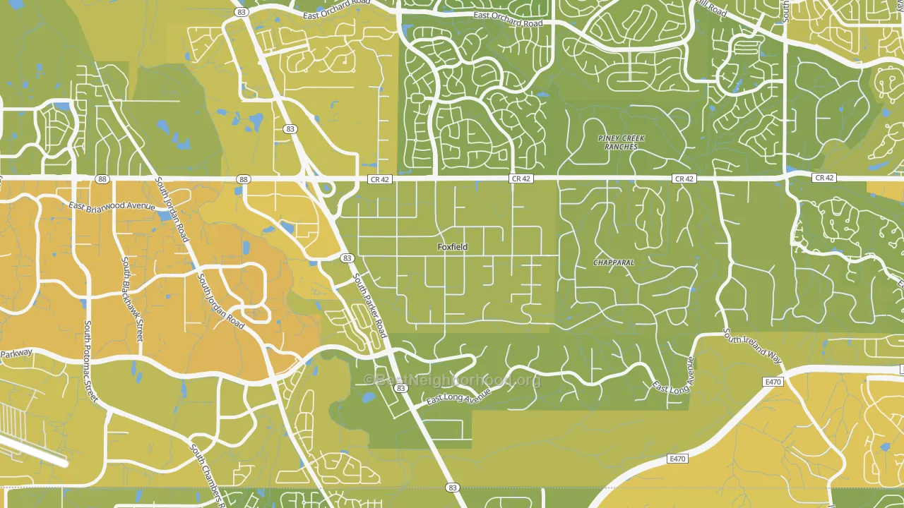 Map of the best neighborhoods in the Foxfield area, with better matches in green and worse matches in red
