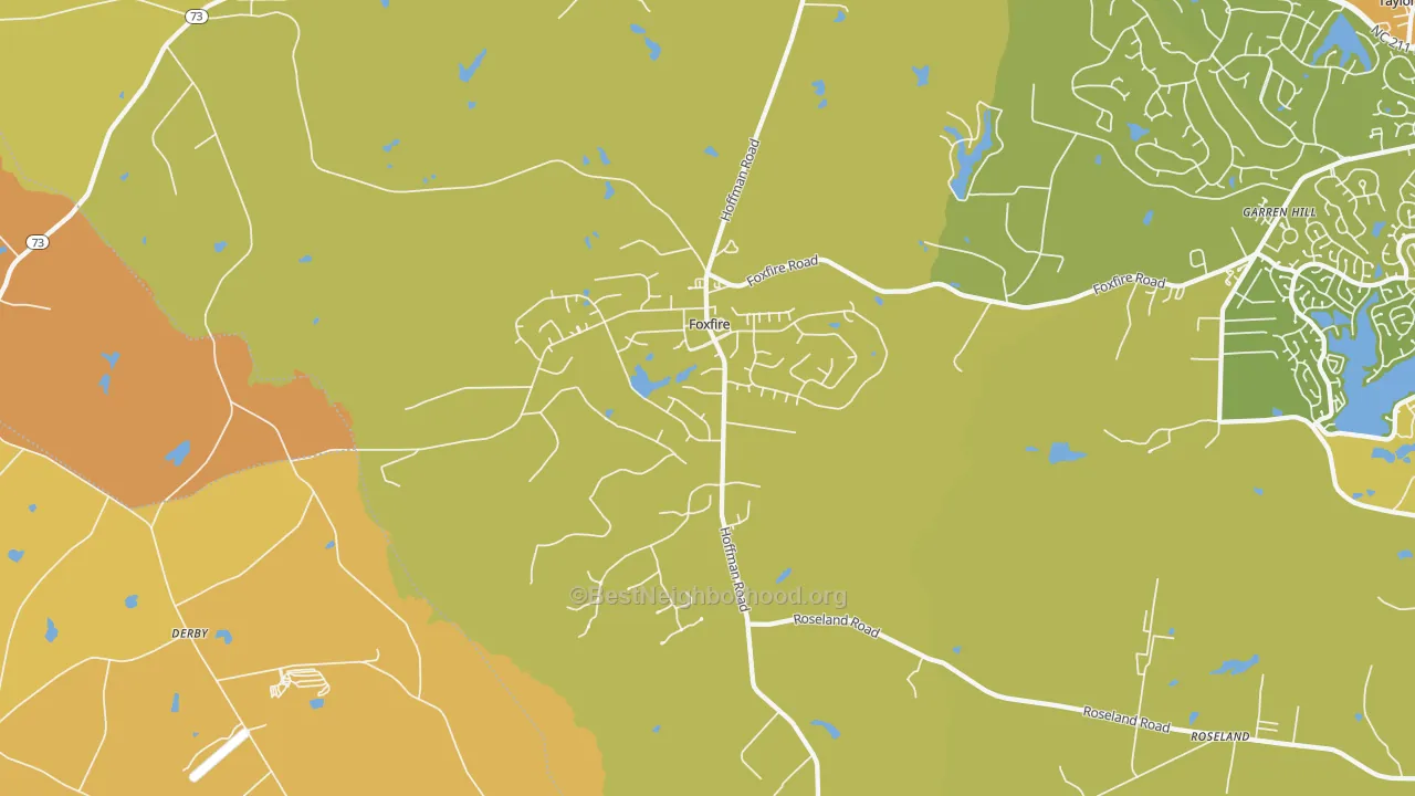 Map of the best neighborhoods in the Foxfire area, with better matches in green and worse matches in red