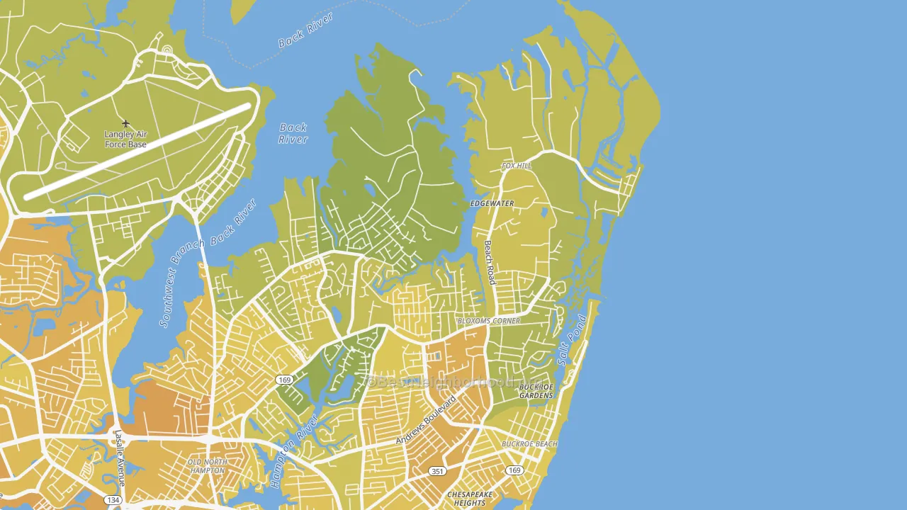 Map of the best neighborhoods in the Foxhill, Hampton area, with better matches in green and worse matches in red