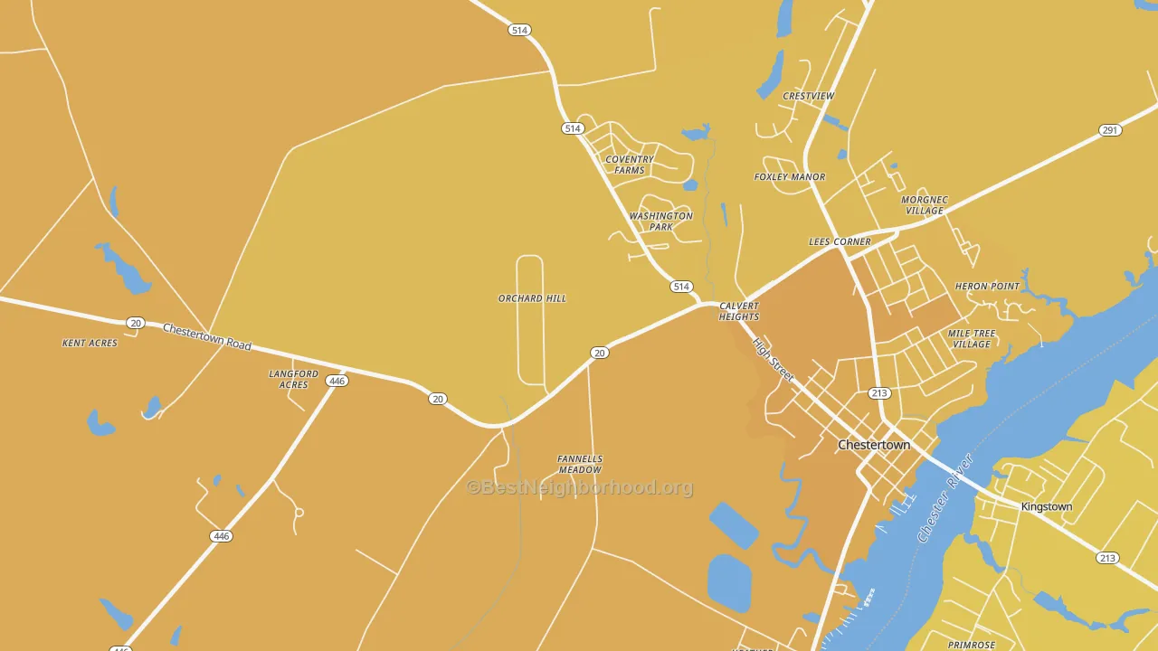 Map of the best neighborhoods in the Foxley Manor area, with better matches in green and worse matches in red