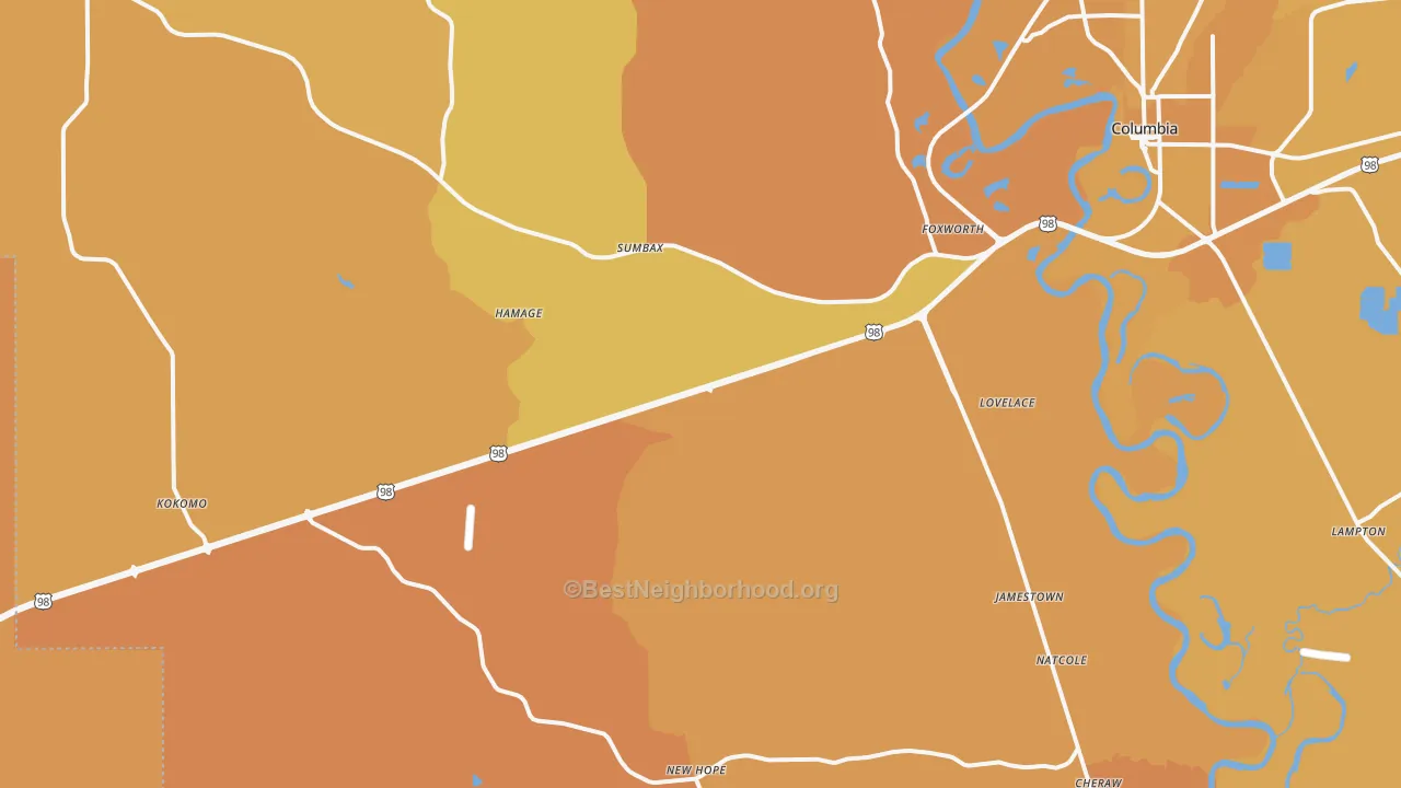 Map of the best neighborhoods in the Foxworth area, with better matches in green and worse matches in red