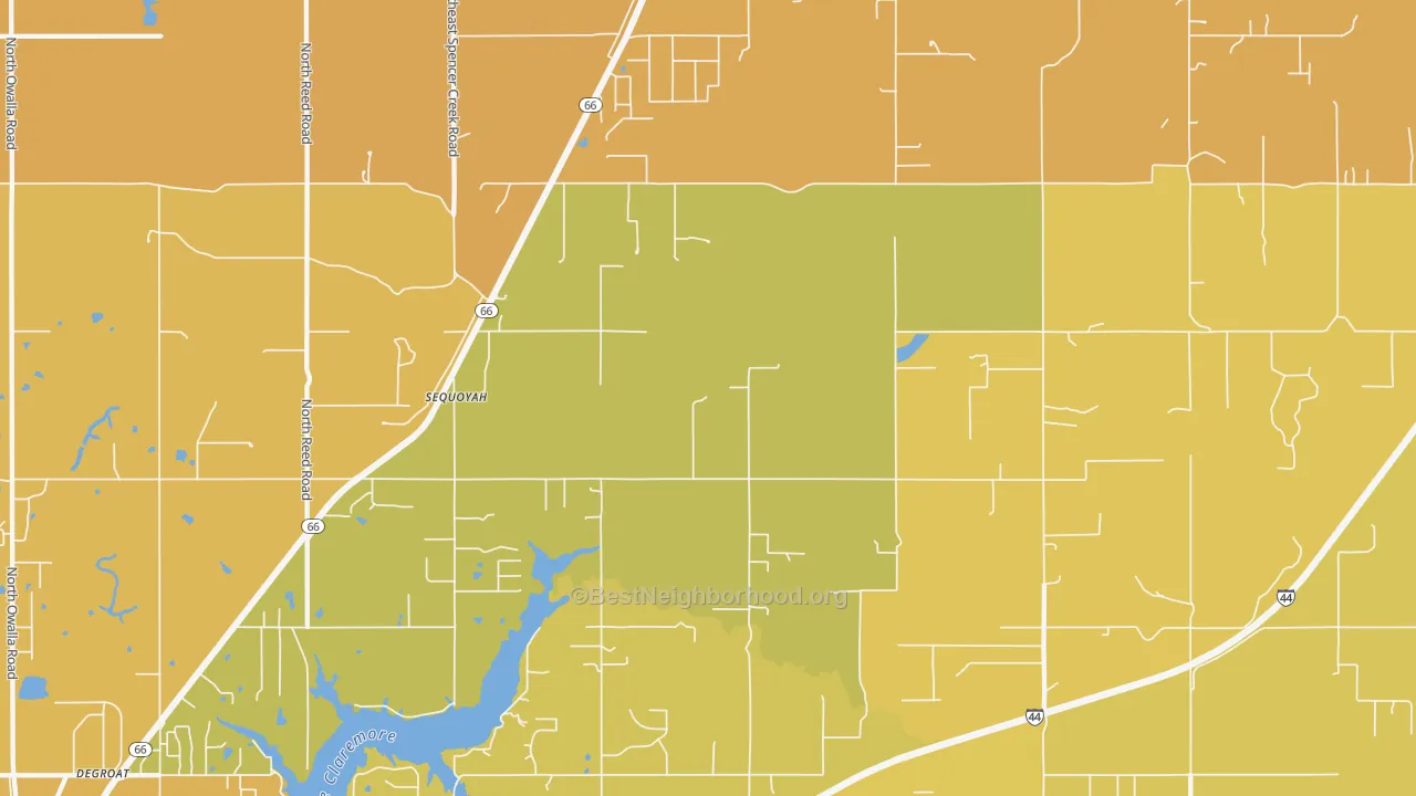 Map of the best neighborhoods in the Foyil area, with better matches in green and worse matches in red