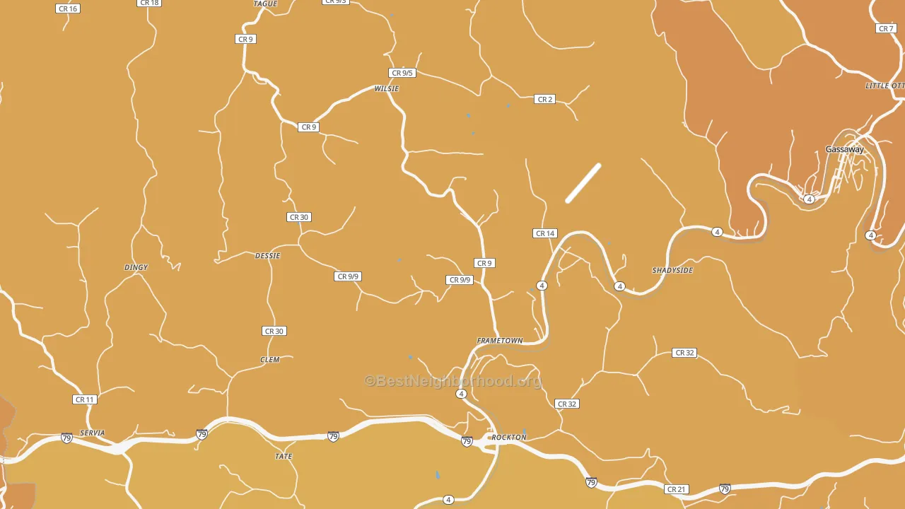 Map of the best neighborhoods in the Frametown area, with better matches in green and worse matches in red