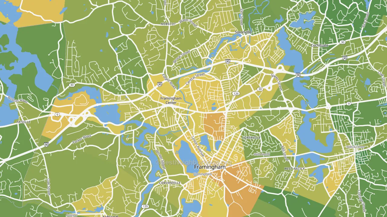 Map of the best neighborhoods in the Framingham area, with better matches in green and worse matches in red