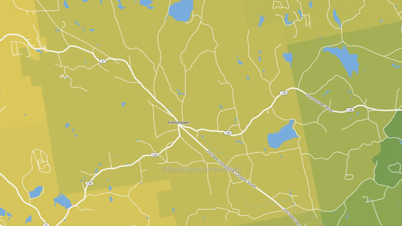 Map of the best neighborhoods in the Francestown area, with better matches in green and worse matches in red