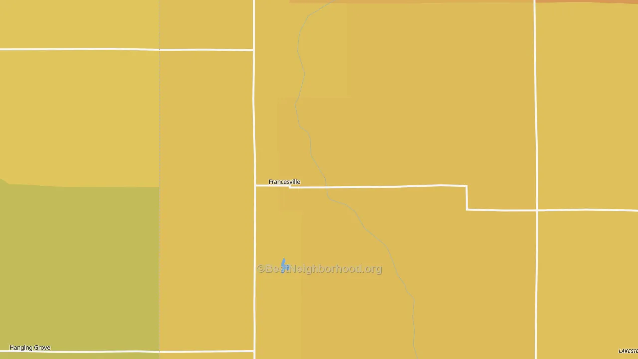 Map of the best neighborhoods in the Francesville area, with better matches in green and worse matches in red